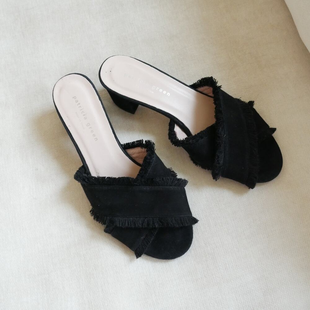 Patricia Green Kate Fringe Mule Sandal heel made in Spain black suede womens 6 - Picture 2 of 11